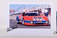 FERRARI 512BB/LM: Two colour images of the N.A.R.T Ferrari 512BB/LM as raced by Pat Bedard, Jean-Pierre Delaunay, Bob Tullius at 1977 Daytona 24 Hours. Bedard and Delaunay signatures - 2