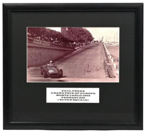 FRERE: A black and white image of Paul Frere racing a Ferrari 555 at the Grand Prix of Europe Monte Carlo 1955. Picture signed by Paul Frere