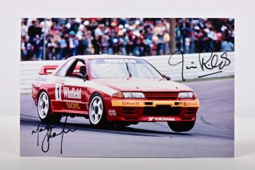 BATHURST 1992: A colour picture depicting Jim Richards and Mark Skaife racing a Nissan Skyline BNR32 GT-R to victory at the 1992 Tooheys 1000. Richards & Skaife signatures