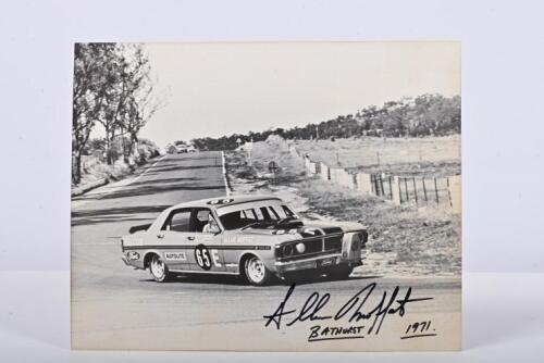 BATHURST 1971: An original black and white Ian Smith picture of Allan Moffat racing a Ford XY Falcon GTHO Phase III to victory at Bathurst 1971. Allan Moffat signature