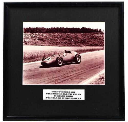 BROOKS: A black and white picture of Tony Brooks racing a Ferrari Dino 246 F1 at the FRENCH GRAND PRIX REIMS 1959. Tony Brooks signature