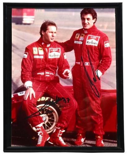 FERRARI: A colour picture of Gerhard Berger and Jean Alesi posing besides Ferrari 412 T1 Formula 1 car. Gerhard Berger & Jean Alesi signatures