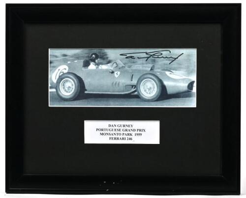 GURNEY: A black and white image of Dan Gurney racing a Ferrari 246 at Portuguese Grand Prix Monsanto Park 1959. Dan Gurney signature