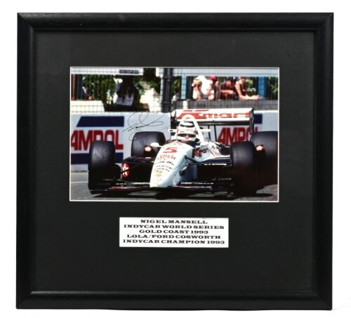 MANSELL: A colour picture of Nigel Mansell racing a Lola/Ford Cosworth at the Indycar World Series Gold Coast 1993. Nigel Mansell signature