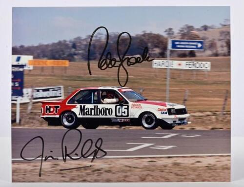 BATHURST 1980: A colour picture by Ian Smith depicting Peter Brock and Jim Richards racing the Marlboro Holden VC Commodore to victory at the 1980 Hardie-Ferodo 1000. Brock & Richards signatures