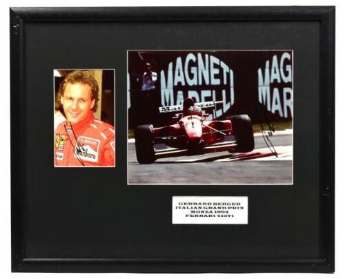 BERGER: A colour picture set of Gerhard Berger racing a Ferrari 412T1 at the Italian Grand Prix Monza 1994. Gerhard Berger signature