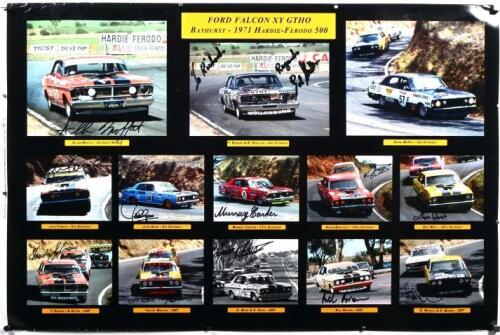 FORD: A colour picture collage - 'FORD FALCON XY GTHO BATHURST - 1971 HARDIE FERODO 500'. Picture signed by numerous Ford Falcon XY GTHO drivers including Murray Carter, Fred Gibson, John Goss, Allan Moffat, Des West