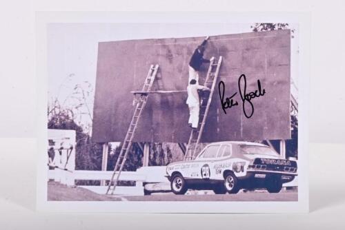 BROCK: A black and white picture of Peter Brock qualifying at Sandown 250, 1972 in a HDT Holden Torana GTR XU1. Peter Brock signature