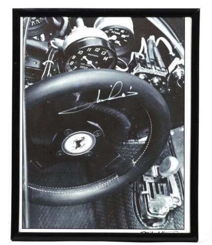 ANDRETTI: A framed and glazed black and white picture of a cockpit from a presumed Ferrari 126. Picture signed by Mario Andretti