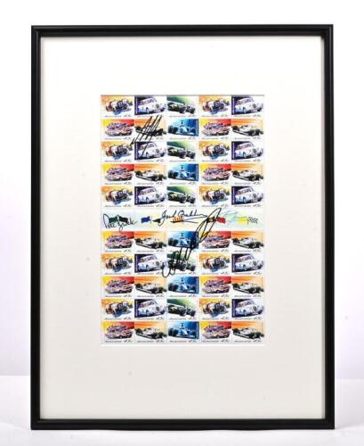 AUSTRALIAN STAMP SET: A pane of 2002 Australian Motor Racing Series stamps depicting Australian car racing scenes from various eras. Peter Brock, Sir Jack Brabham, Bob Jane, Alan Jones, Mark Webber signatures. Interesting item