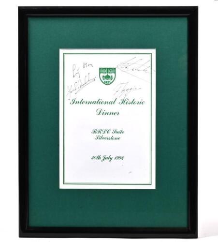 BRDC: A 30th July 1994 BRDC 'International Historic Dinner' detail sheet. Sheet signed by Sir Jack Brabham, Stirling Moss, John Surtees, J.M.Fangio