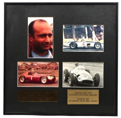 FANGIO: A picture quartet of Juan Manuel Fangio and associated racing cars. Lancia-Ferrari D50 picture signed by Juan Manuel Fangio