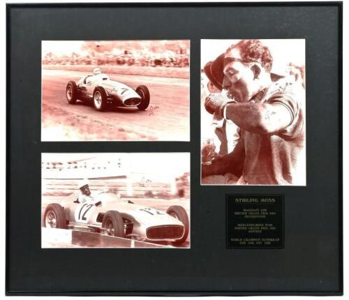 MOSS: A series of black and white Stirling Moss pictures. Stirling Moss signed Maserati 250F & Mercedes-Benz W196 pictures