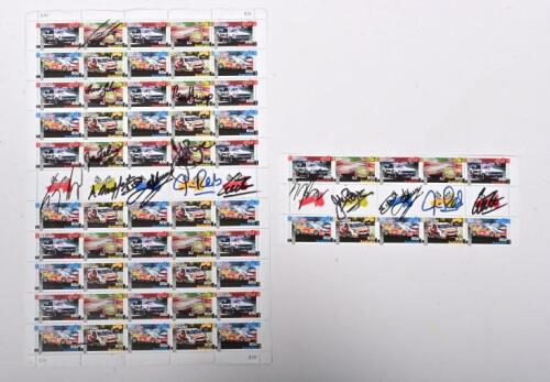 BATHURST: A 2012 complete stamp sheet featuring '50 YEARS RACING AT BATHURST'. Sheets signed by John Bowe, Dick Johnson, Craig Lowndes, Allan Moffat, Jim Richards