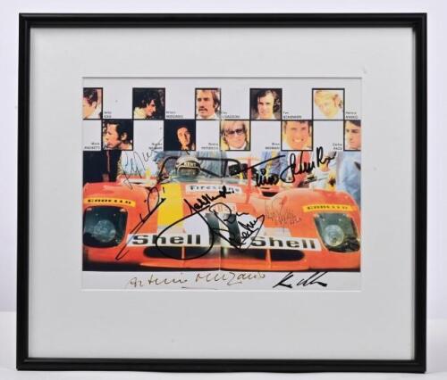 FERRARI: A colour image of a Ferrari 312PB with racing driver collage to top. Ickx, Andretti, Merzario, Redman, Schenken, Regazzoni, Marko signatures