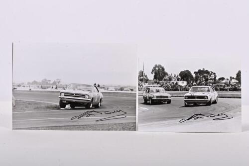 BEECHEY: Two black and white pictures of Norm Beechey's HT Holden GTS Monaro. Norm Beechey signatures