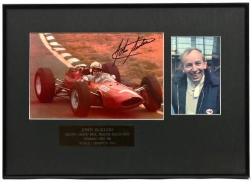 SURTEES: A colour picture set relating to John Surtees. Ferrari Tipo 158 at 1964 BRITISH GRAND PRIX, BRANDS HATCH picture signed by John Surtees