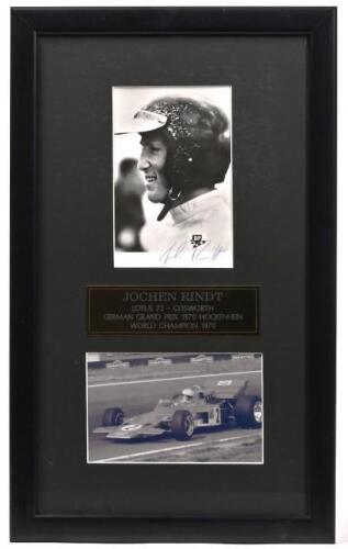 RINDT: A black and white picture set relating to Jochen Rindt. Jochen Rindt signed driver picture
