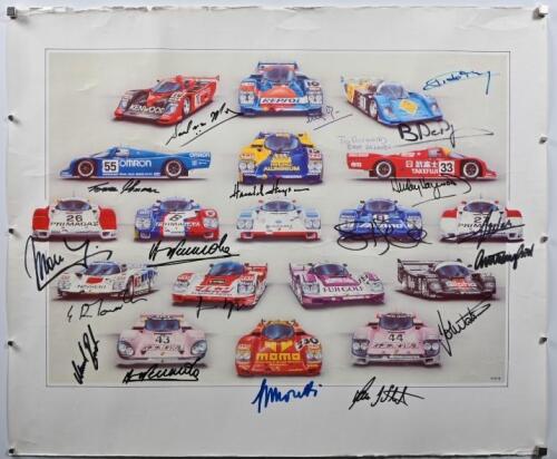 PORSCHE: A Porsche Le Mans race car poster depicting various Porsche 962 endurance cars from various teams. Driver signatures including Anthony Reid, Hurley Haywood, Tomas Mezera, John Watson