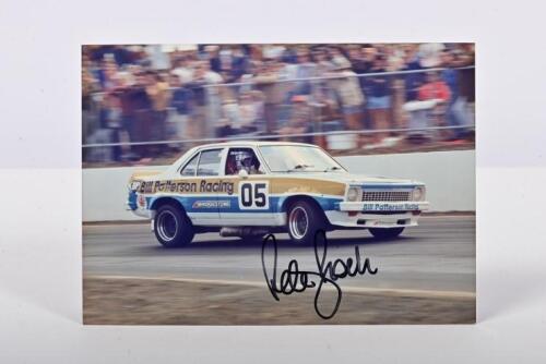 BROCK: A colour picture by Ian Smith of Peter Brock racing the Bill Patterson Holden Torana A9X. Peter Brock signature