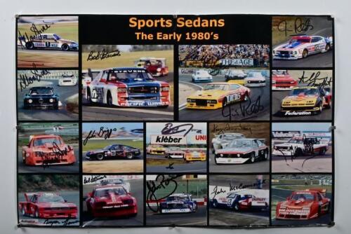SPORTS SEDANS: A colour picture collage on photographic paper titled 'Sports Sedans - The Early 1980's'. Collage signed by numerous sports sedan drivers including John Briggs, Allan Grice, John McCormack, Jim Richards, Bob Stevens and others
