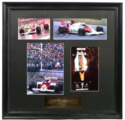 PROST: A four colour picture set depicting Alain Prost racing at several different European race tracks. McLaren and Williams Formula 1 car pictures signed by Alain Prost
