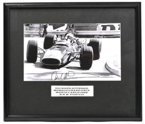 ATTWOOD: A black and white image of Richard Attwood racing a B.R.M. P126 V12 at the 1968 MONACO GRAND PRIX, MONTE CARLO. Richard Attwood signature