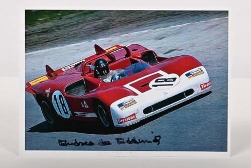 de ADAMICH: A colour picture of Andrea de Adamich racing a Alfa Romeo Tipo 33/TT/12. de Adamich signature