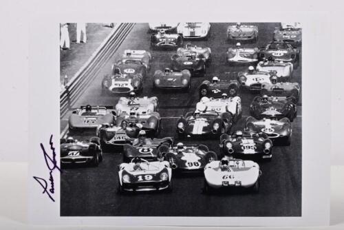 PARNELLI JONES: A black and white image of a Can-Am race start from Riverside. Picture signed by Parnelli Jones