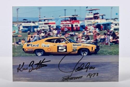 BARTLETT/GOSS: A superb colour picture by Ian Smith of the McLeod Ford Ford Falcon XB Coupe as driven by Kevin Bartlett and John Goss. Picture signed by both drivers