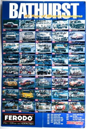 BATHURST: A motor Racing australia 'BATHURST - 40 Year of Mount Panorama' poster depicting each Bathurst winning car from 1963 - 2002. Each winning car picture signed by driver/s