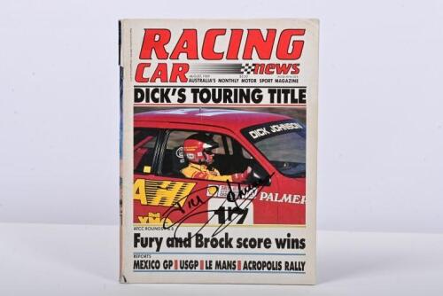 JOHNSON: An August, 1989 issue of 'RACING CAR news'. Cover signed by Dick Johnson