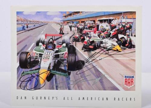 GURNEY: A 'DAN GURNEY'S ALL AMERICAN RACERS' team card. Front of card signed by Dan Gurney, PJ Jones, Alex Barron