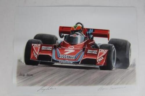 BRABHAM: A print featuring Larry Perkins at the wheel of his Martini Brabham BT45 in 1976 (signed Perkins and Tauranac)