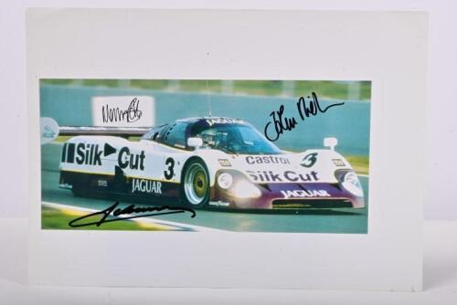 JAGUAR: A colour image of the Silk Cut Jaguar XJR-9 as driven by Martin Brundle, John Nielsen, Jan Lammers. Picture signed by all three drivers