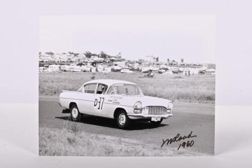 COAD: A black and white picture of Frank Coad racing a Vauxhall Cresta to victory at the 1960 Armstrong 500. Frank Coad signature