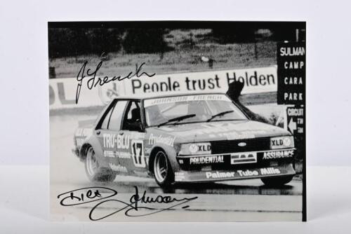 FRENCH/JOHNSON: A black and white picture of John French and Dick Johnson racing the TRU-BLU Ford XD Falcon to victory at the 1981 James Hardie 1000. French & Johnson signatures