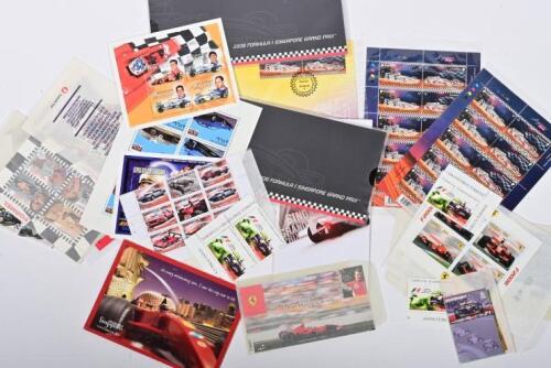 FORMULA 1 STAMPS: A collection of Formula 1 related stamps from various eras. Berlin 1971, Turkey 2005, Hungary 1978, Austria 2008. Ferrari related stamps