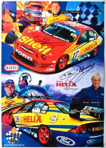 FORD: A 2001 Shell HELIX Racing promotional poster featuring the Shell AU Ford Falcons. Steve Johnson, Dick Johnson, Paul Radisich signatures