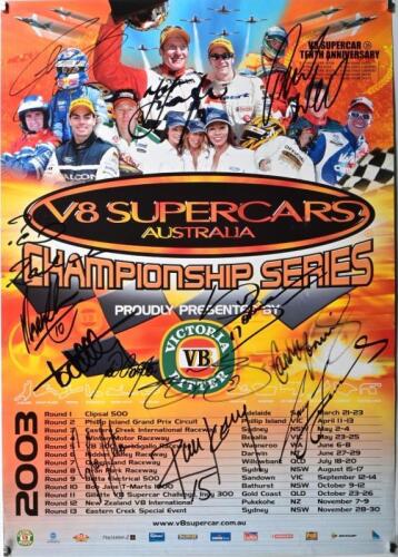V8 SUPERCARS: A 2003 'V8 SUPERCARS AUSTRALIA CHAMPIONSHIP SERIES' promotional poster. Poster with multiple V8 Supercar racing driver signatures including Glenn Seton, Mark Skaife, Rick Kelly, Cameron McConville, Greg Murphy
