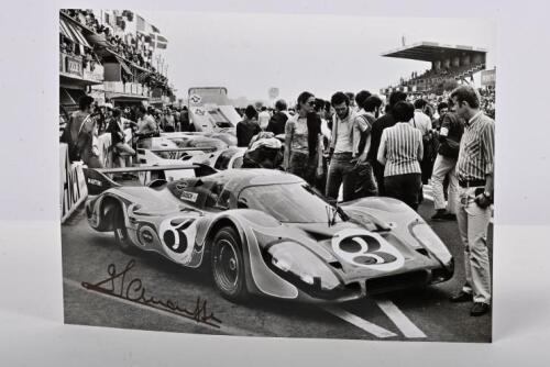 PORSCHE: An original black and white picture of the Porsche Typ 917 LH as raced to second place by Larrousse/Kauhsen at 1970 Le Mans. Gerard Larrousse signature