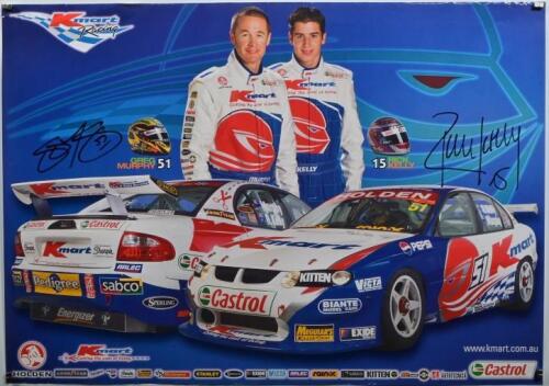 KMART RACING: A Kmart Racing promotional poster depicting Greg Murphy and Todd Kelly with respective VX Holden V8 Supercars. Poster with Greg Murphy & Todd Kelly signatures
