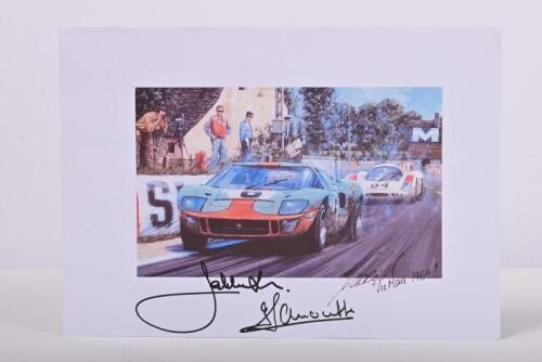 FORD GT40: A print copy depicting the Ford GT40 of Jacky Ickx, Jacki Oliver, and Porsche 908 LH of Gerard Larrousse. Print signed by all three drivers. Interesting item