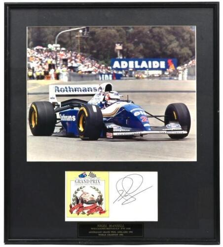 MANSELL: A colour picture of Nigel Mansell racing a Williams-Renault FW 16B at the Australian Grand Prix, Adelaide 1994. Picture with First Day Cover signed by Nigel Mansell