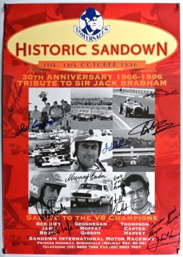 HISTORIC SANDOWN: An October 1996 'HISTORIC SANDOWN - 30TH ANNIVERSARY 1966-1996 TRIBUTE TO SIR JACK BRABHAM' - promotional poster. Sir Jack Brabham, Peter Brock, Murray Carter, Leo Geoghegan, Allan Moffat signatures