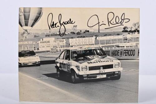 BROCK/RICHARDS: An original black and white Ian Smith picture depicting Peter Brock and Jim Richards racing a Holden LX Torana A9X SS Hatchback at the 1978 Hardie-Ferodo 1000. Brock & Richards signatures