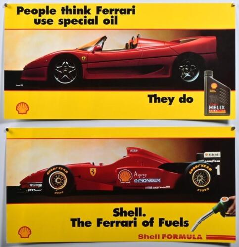 FERRARI: Two 'Shell' fuel and oil promotional posters depicting a Ferrari Formula 1 car & Ferrari F50