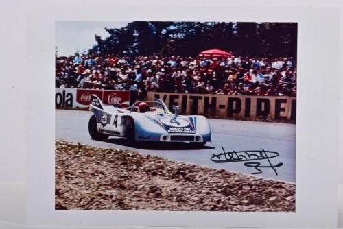 PORSCHE: A colour picture of Gijs van Lennep racing a Porsche 908/3 to third place at 1971 Nurburgring 1000KM. Gijs van Lennep signature