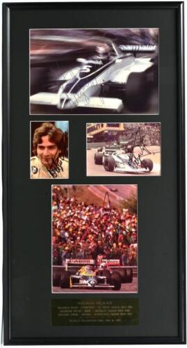 PIQUET: A quartet of colour pictures relating to Nelson Piquet. Pictures of Piquet racing different F1 cars at various Grand Prix events during 1980's. Nelson Piquet signatures