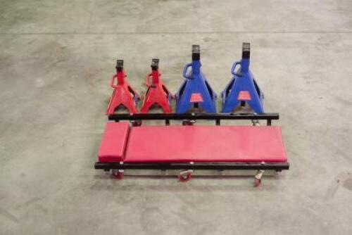 STANDS: Four vehicle stands, two 2 ton (red) and two 4 ton (blue) together with an inspection trolley.